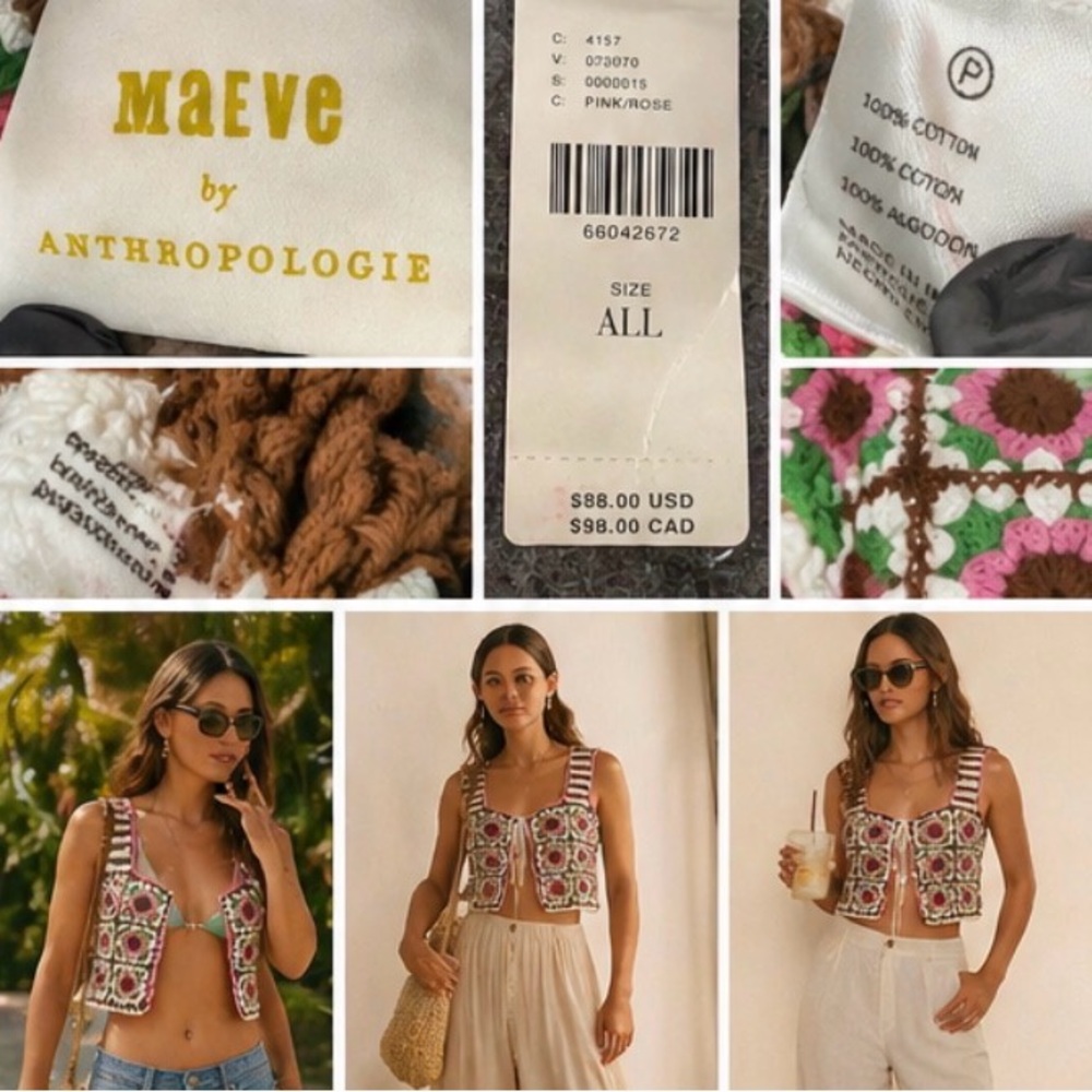 Anthropologie Maeve Crochet Granny Square Vest Reversible Tie Front NWT - Picture 7 of 7